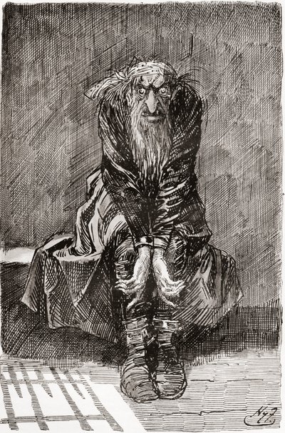 Fagin i den fordømte celle. "Han satte sig på en stenbænk over for døren, som tjente til et sæde og seng, og kastede sine blodskudte øjne på jorden og forsøgte at samle sine tanker." Illustration af Harry Furniss til Charles Dickens-romanen af Harry Furniss