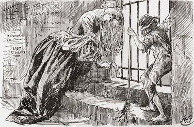 Lady Dedlock og Jo. "Han blev sat der," siger Jo, holder sig til stængerne og kigger ind, mens Lady Dedlock krymper ind i et hjørne. Illustration af Harry Furniss til Charles Dickens-romanen Bleak House, fra The Testimonial Edition, udgivet 1910. af Harry Furniss