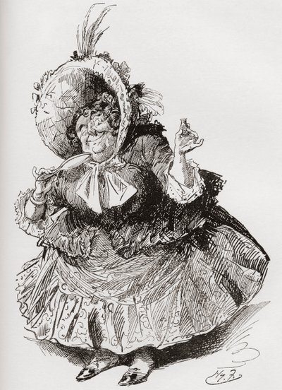 Frøken Mowcher. Illustration af Harry Furniss til Charles Dickens-romanen David Copperfield, fra The Testimonial Edition, udgivet 1910. af Harry Furniss