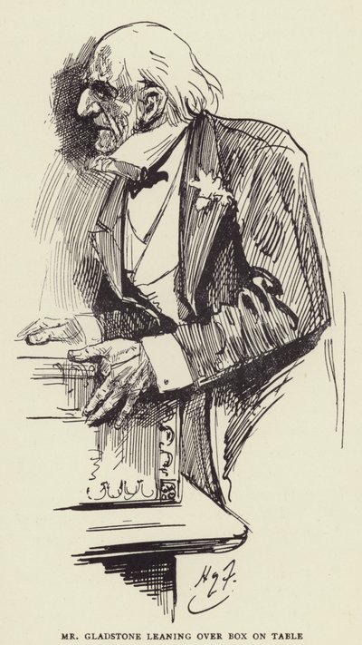 Gladstone læner sig over en kasse på bordet af Harry Furniss