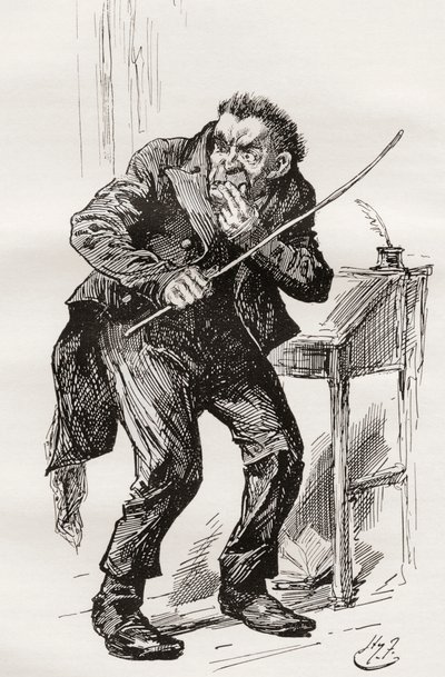 Mr. Squeers. Illustration af Harry Furniss til Charles Dickens-romanen Nicholas Nickleby, fra The Testimonial Edition, udgivet 1910. af Harry Furniss