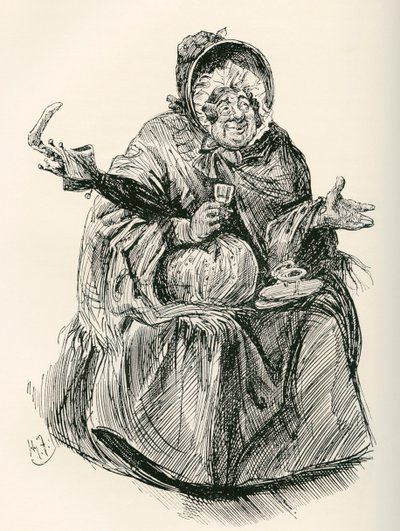 Fru Gamp. Illustration af Harry Furniss til Charles Dickens-romanen Martin Chuzzlewit, fra The Testimonial Edition, udgivet 1910. af Harry Furniss