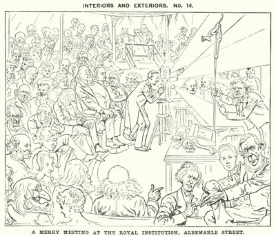 Punch tegneserie: A Merry Meeting at the Royal Institution, Albemarle Street, London (gravering) af Harry Furniss