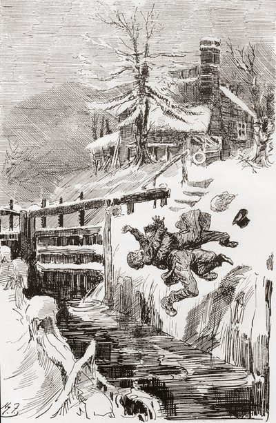 Dødskampen i slusen. "Det har jeg ikke fortalt dig." "Jeg holder dig levende, og jeg holder dig død." råbte Bradley, da Riderhood gik over den glatte grube baglæns, og Bradley Headstone over ham." Illustration af Harry Furniss til Charles Dickens-romanen af Harry Furniss