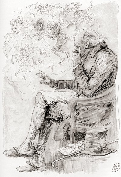 Trottys drøm. "Havde Trotty drømt? Eller er hans glæder og sorger, og skuespillerne i dem, blot en drøm; han selv en drøm; fortælleren af denne historie en drømmer, vågen men nu?" Illustration af Harry Furniss til novellen The Chimes fra The Christmas Book af Harry Furniss