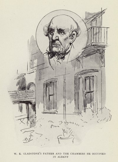 W E Gladstones far og det kammer, han boede i Albany af Harry Furniss