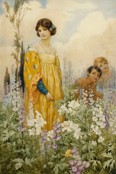 En ung pige med Pan og Amor i en vild have (blyant og akvarel på papir) af Harry George Theaker