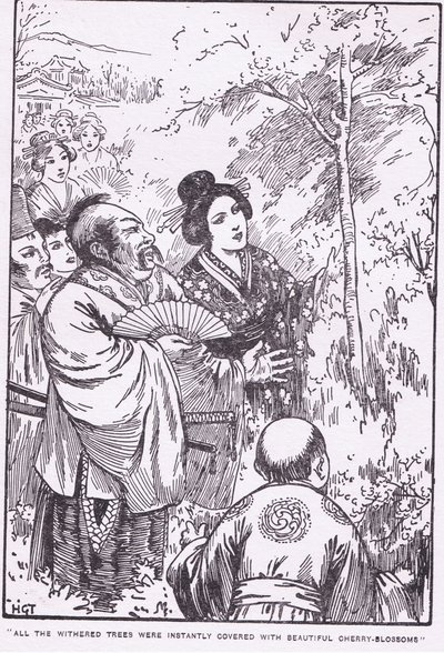 Alle de visne træer blev øjeblikkeligt dækket af smukke kirsebærblomster (Den gamle mand, der fik visne træer til at blomstre) (litografi) af Harry George Theaker