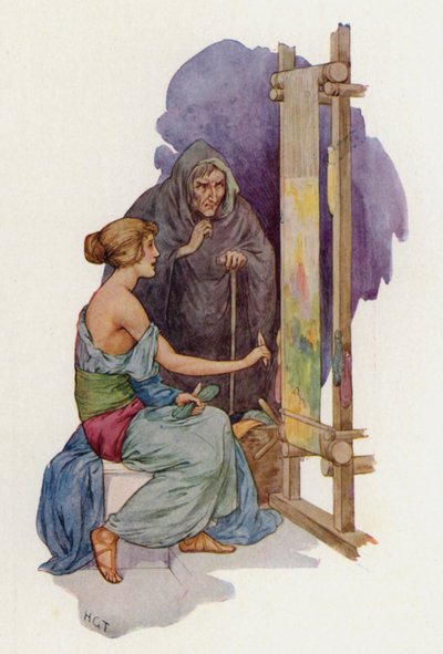 Arachne er ved at blive forvandlet til en edderkop af en forklædt Minerva (farvelitografi) af Harry George Theaker
