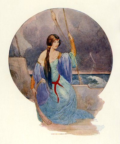 "Til sidst, da et kraftigt lyn indhyllede hele skibet i blå flammer, ophørte sangen pludselig" (farvelitografi) af Harry George Theaker