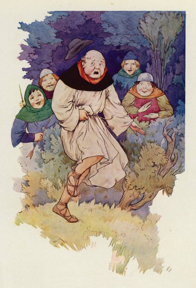 Ved den første berøring af pilespidsen gennem hans kappe sprang abbeden op i luften med et skrig (farvelitografi). af Harry George Theaker