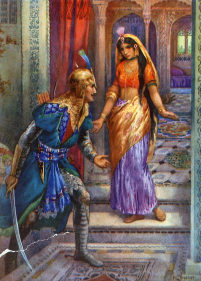 "Da hun fik øje på Rama, skyndte hun sig frem" (farvelitografi) af Harry George Theaker