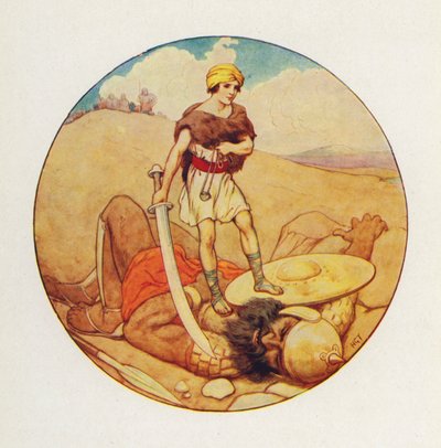 David greb kæmpens eget sværd og huggede hovedet af Goliat (farvelitografi) af Harry George Theaker