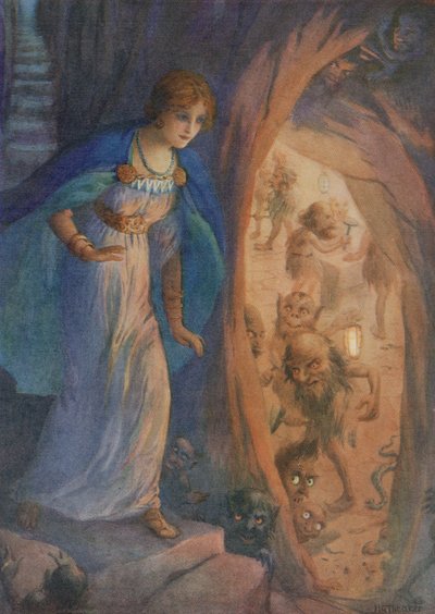 Freyja i dværgenes hule, fra "Freyjas halskæde" (farvelitografi) af Harry George Theaker