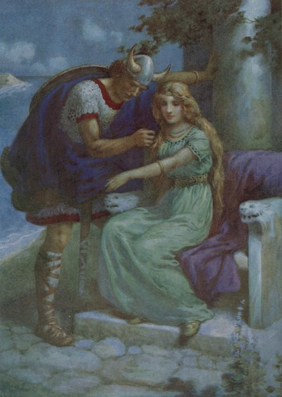 Frithiof og Ingeborg, fra "The Suit of King Ring" (farvelitografi) af Harry George Theaker