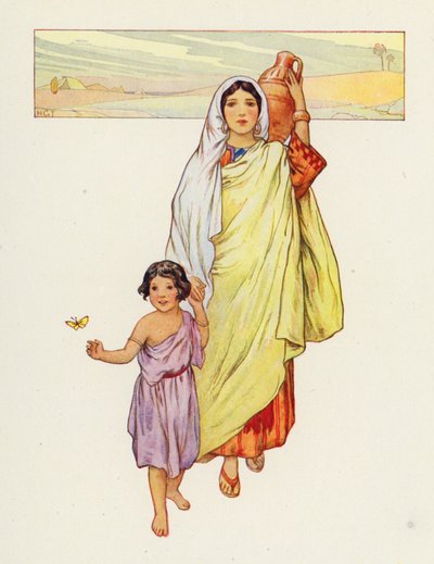 Hagar og Ismael drog ud i ørkenen (farvelitografi) af Harry George Theaker