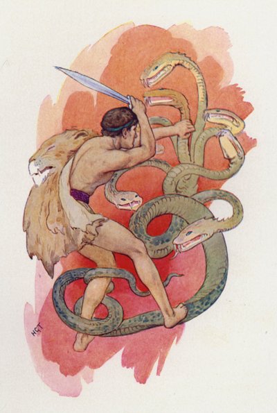Herkules og den syvhovedede slange (farvelitografi) af Harry George Theaker