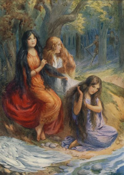 Hladgrun, Olrun og Alvit, fra "Wayland the Smith" (farvelitografi) af Harry George Theaker