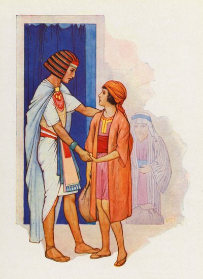 Juda hentede Benjamin og præsenterede ham for Josef (farvelitografi) af Harry George Theaker