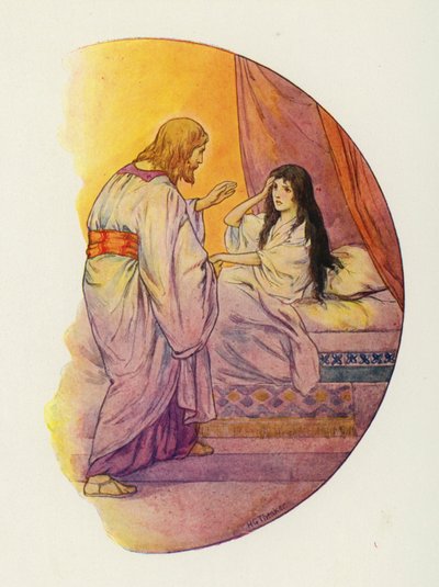 "Lille pige," sagde han, "rejs dig!" (farvelitografi) af Harry George Theaker