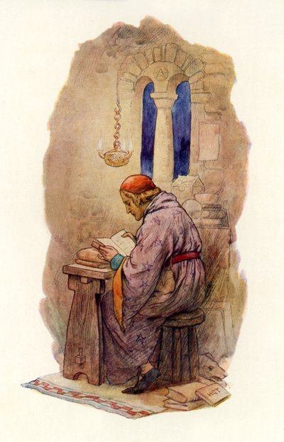 Merlin-læsning (farvelitografi) af Harry George Theaker