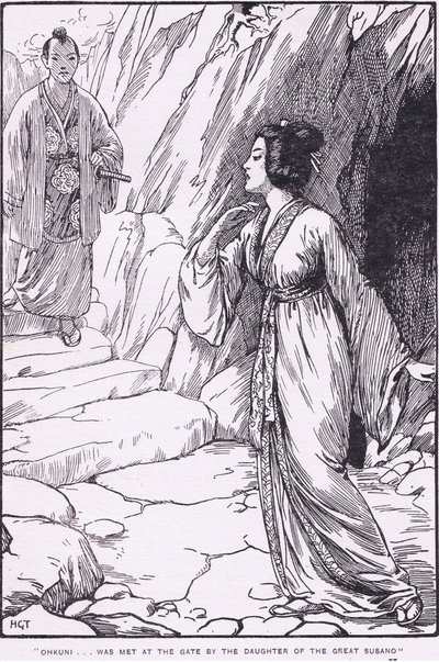 Okhuni blev mødt ved porten af den store Susanos datter (fra Susano og Ohkuni) (litografi) af Harry George Theaker
