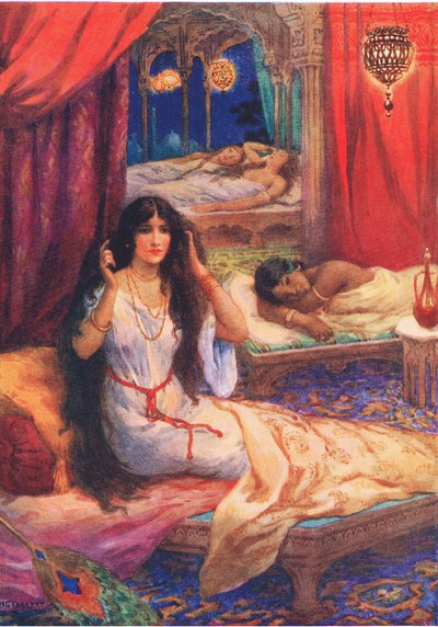 Pabhavati vågnede med et sæt. Fra The Hard Hearted Prince, illustration fra 