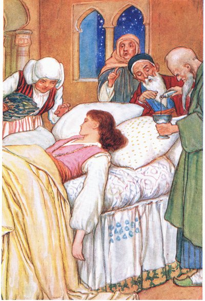 Prinsesse Aldebonda og hendes læger (fra historien "Kærlighedens pilgrimme"), illustration fra "Tales of Alhambra", ca. 1940 (farvelitografi) af Harry George Theaker