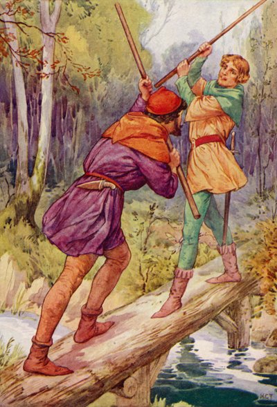 Robin Hood og Lille John (farvelitografi) af Harry George Theaker