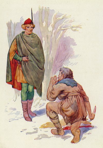 Sebald stod over for ham med løftet kniv og rædsel i sit magre ansigt (farvelitografi) af Harry George Theaker