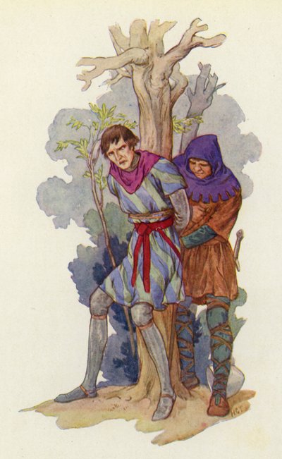 "Tag jerngryden af hans hoved," råbte Robin, "og bind ham til et træ" (farvelitografi). af Harry George Theaker