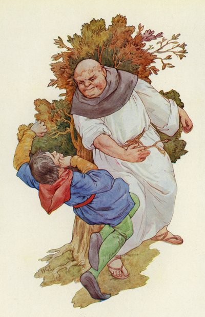 Slaget faldt med et rungende smæld og sendte Much i fuld længde ned på græsset (farvelitografi) af Harry George Theaker