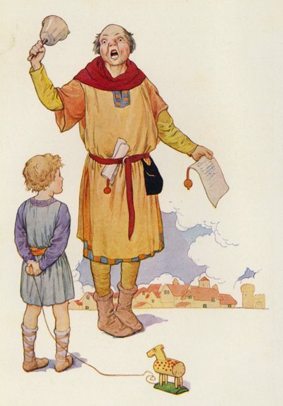 Udråberen forkyndte nyheden, og hele byen summede af begejstring (farvelitografi). af Harry George Theaker