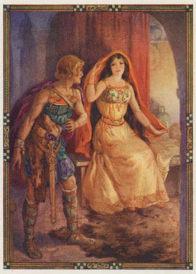 "Damen blottede sit ansigt", Den afskyelige dame og den galante ridder (farvelitografi) af Harry George Theaker
