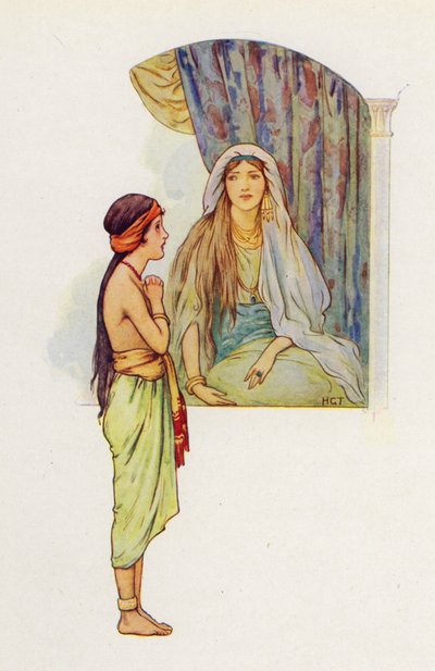 Den lille fangepige fortalte sin herskerinde, at der var en profet i Samaria, som ville helbrede Naaman for hans spedalskhed (farvelitografi). af Harry George Theaker