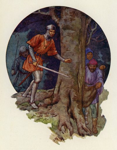 "Endelig de fredløse!" råbte sheriffen, og med trukket sværd løb han hen til det sted, hvor skikkelserne var forsvundet (farvelitografi). af Harry George Theaker