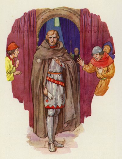 Palmer kastede sin hætte tilbage, og hans kappe åbnede sig og viste ham i fuld rustning (farvelitografi) af Harry George Theaker