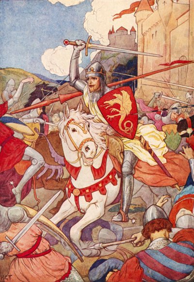 Den mærkelige ridder med blinkende sværd (farvelitografi) af Harry George Theaker