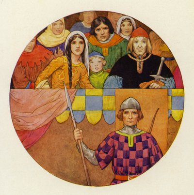 Der var en fantastisk samling af riddere og damer oppe på tribunen (farvelitografi). af Harry George Theaker