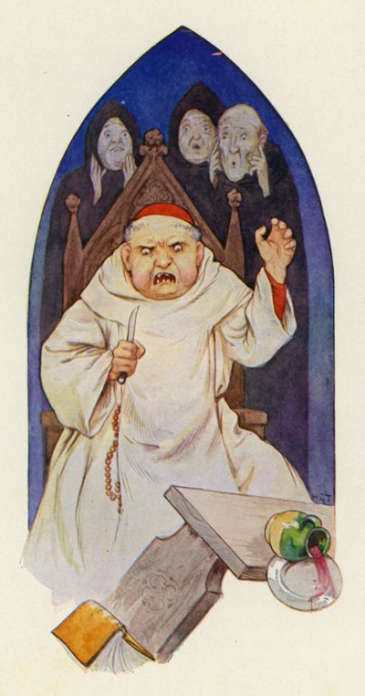 Det siges, at abbed Hugo rasede af vrede (farvelitografi) af Harry George Theaker