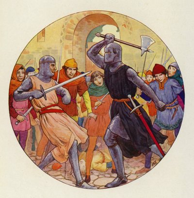 Tre gange stak Isambart, og tre gange gik stødet langt (farvelitografi) af Harry George Theaker