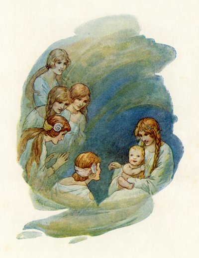 Lille Lancelot vågner op og smiler (farvelitografi) af Harry George Theaker
