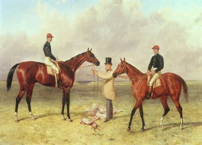 L til R Lord Lyon, vinder af Derby, St. Leger og 2.000 guineas; Elland, vinder af Ascot Gold Vase, ejet af Sir R. Sutton, trænet af James Dover, 1866 af Harry Hall