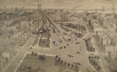 Brooklyn Plaza of the Manhattan Bridge, ca. 1917 (Indien blæk & vask berørt med uigennemsigtig hvid) af Harry M. Pettit