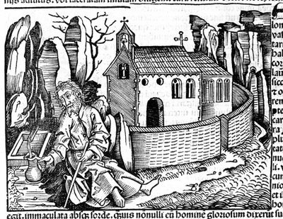 En pilgrim stopper i et kloster under sin rejse efter Hartmann Schedels "Nürnbergkrønike" af Hartmann Schedel