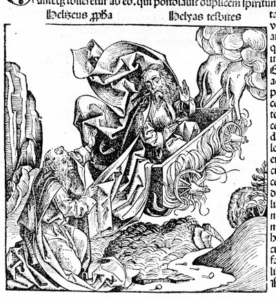 Elias rejser sig i en ildvogn og overlader sin ejendom til Elisee. Hartmann Schedel: Krønike af Nürnberg. Nürnberg 1497 af Hartmann Schedel