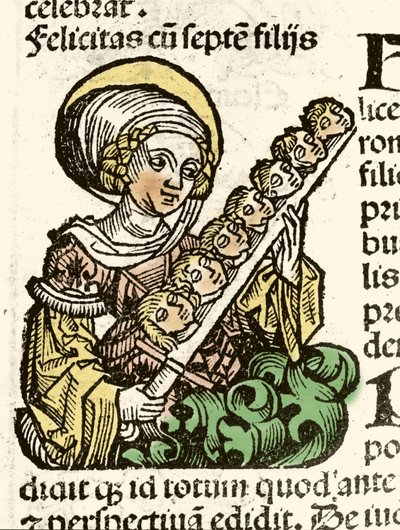 Repræsentation af Saint Felicite, martyrium i Rom med hovederne af sine syv børn. xylografi af Hartmann Schedel "" Chronicles of Nürnberg""" 1493. af Hartmann Schedel