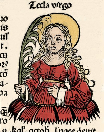 Repræsentation af Jomfruen og Martyrdommen Thecle of Iconium (Santa Tecla) Xylografi af "" Chronicles of Nürnberg""" af Hartmann Schedel af Hartmann Schedel