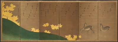 Hjort med ahorn, ca. 1605-10 (foldeskærm med seks paneler: blæk, farve og guld på papir) af Hasagawa & Sodon Tetsuzan (1531 1617) (attr.) Tohaku