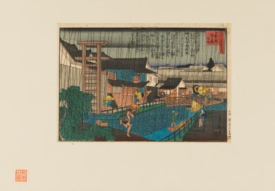 Træbloktryk - Regnscene ved kita-shinchi i Osaka. Folk med paraplyer, 1800-tallet af Hasegawa Sadanobu